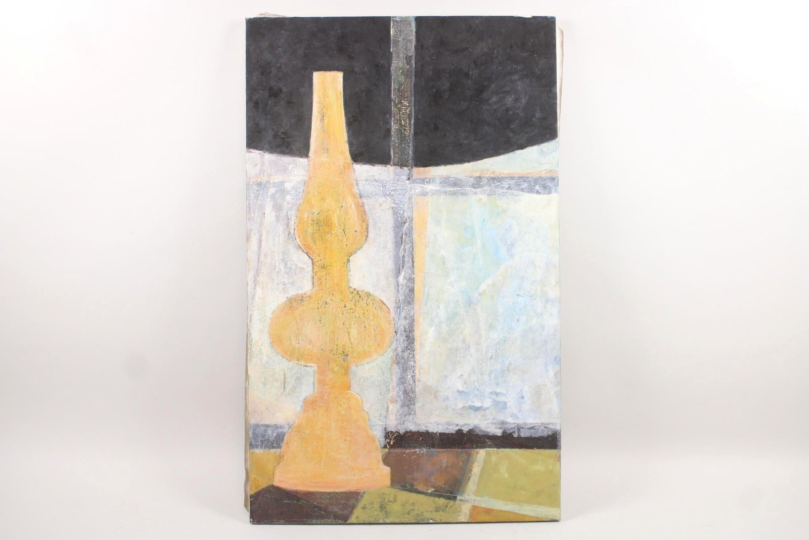 Interior Still Life Painting with Lamp: Abstract Interior Still Life Painting with Lamp. A painting of a lamp resting on a tiled surface, depicted using pared-down form and layered textures with ochre, black, white, and orange hues.