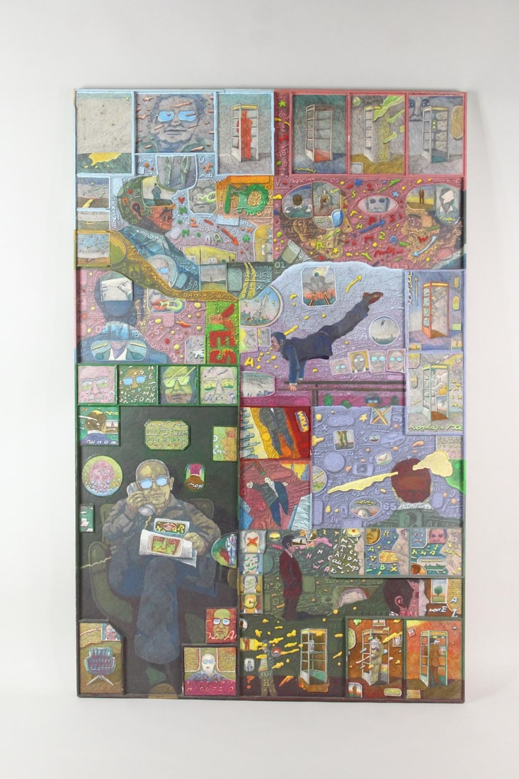 Large Jan Sawka Mixed Media Art "How to Make it in NYC" 1983: Large Jan Sawka Mixed Media Art "How to Make it in NYC." Highly detailed mixed media on masonite wall art piece, titled and signed on the back by High Falls NY artist Jan Sawka (Polish American 1946��