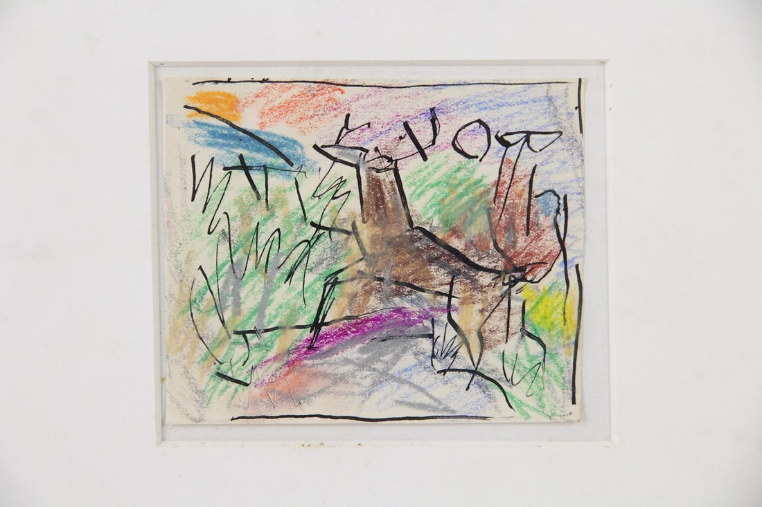 Karl Knaths "Frightened Deer" Crayon and Ink Drawing: Karl Knaths "Frightened Deer" Crayon and Ink Drawing. A colorful drawing depicting a simple crayon-drawn scene evoking childish simplicity and naivety contrasted with harsher, more well-defined ink li