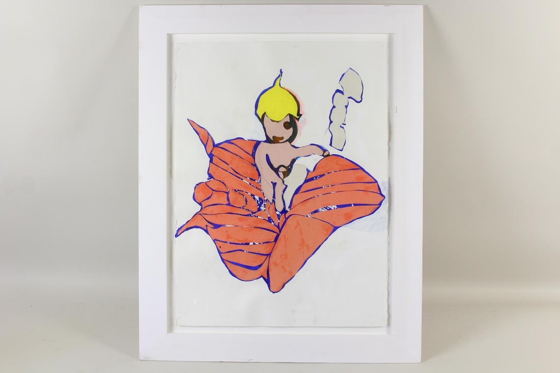Jacob Williams Contemporary Painting, Kewpie Flower Child: Jacob Williams Contemporary Painting, Flower Child. Painting on paper by the artist Jacob Williams (American b. 1975), depicting a child emerging from a flower. No signature visible. Float mounted in