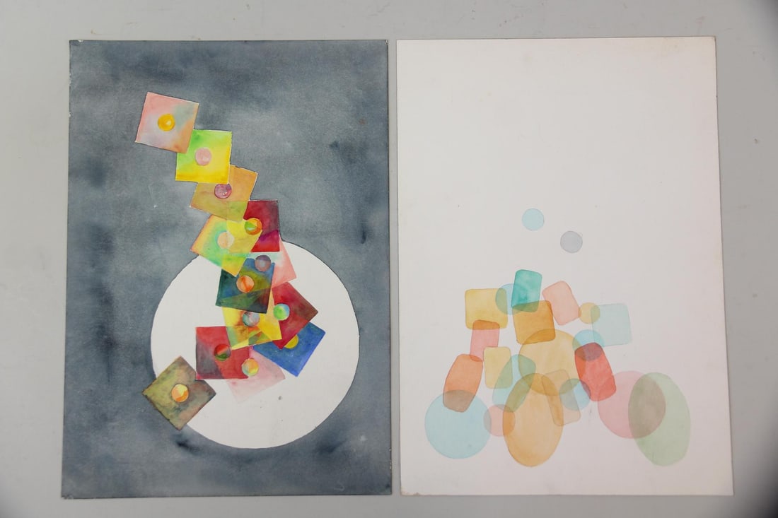 Georgia Fletcher Pair of Abstract Watercolor Paintings: Georgia Fletcher Pair of Abstract Watercolor Paintings. Two colorful and delicate geometric abstract paintings on paper. Stamped on the back by the estate of New Hampshire artist Georgia Cabot