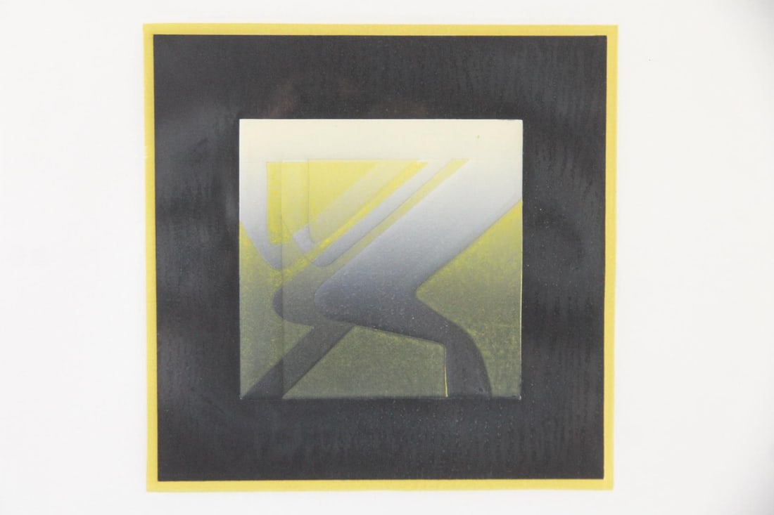 Embossed Etching, "Quartz" by Carlos Davila, Artist Proof: Abstract Embossed Etching, "Quartz" by Carlos Davila, Artist Proof. This etching, possibly with aquatint, has an abstract gray & yellow design composed within a square with embossed design below. Sign