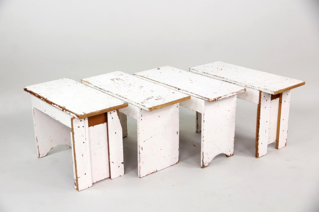 Set of 4 White Painted Factory Workshop Make-Do Stools (1 of 9)