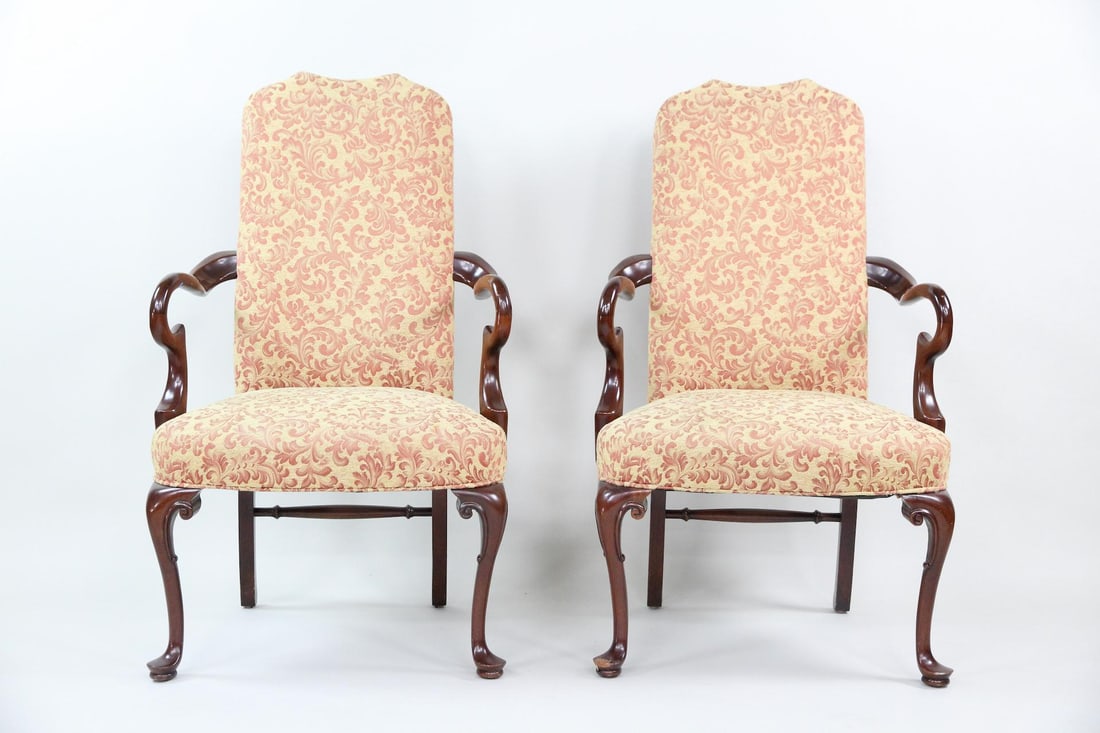 Pair of Southwood Queen Anne Library Chairs: Pair of Southwood Queen Anne Library Chairs. Matching pair of chairs with carved shepherd's crook arms, cabriole legs and upholstered seats and backs. Southwood labels attached. Dimensions are 43 in h