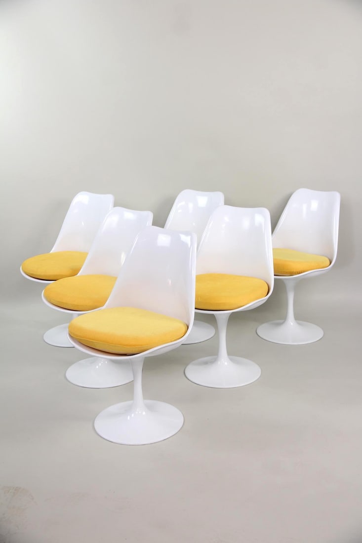 Set of 6 Contemporary Tulip Style Chairs by Starway: Set of 6 Contemporary Tulip Chairs, Saarinen Style. These tulip chairs have white painted metal bases, molded plastic seats, and yellow fabric cushions. They are marked made by Starway. Dimensions are