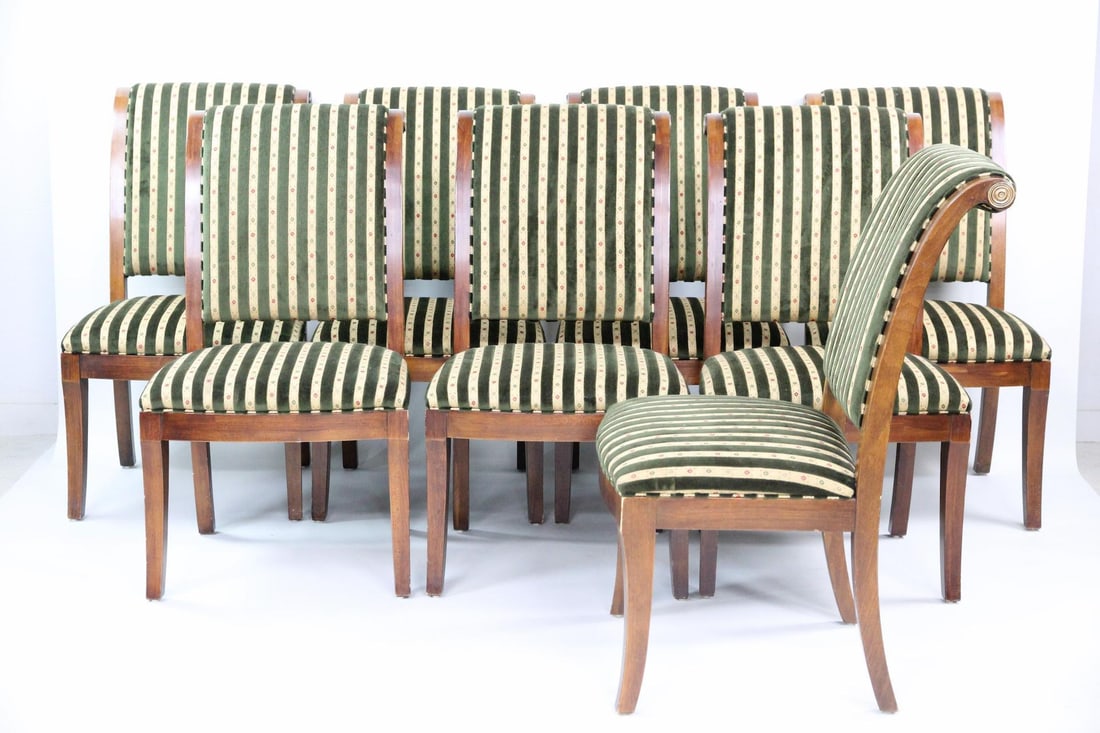 Set of 8 Henredon Velvet Neoclassical Dining Chairs: Set of 8 Henredon Velvet Neoclassical Dining Chairs. Matching set of 8 wooden chairs with scroll backs and velvet stripe upholstery. These contemporay chairs are made by Henrendon. Dimensions are 39.5