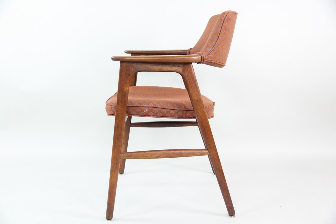 Danish Modern Model 43 Arm Chair by Erik Kirkegaard: Danish Modern Model 43 Arm Chair by Erik Kirkegaard. A simple armchair that has classic mid-century lines, likely in teak wood, with geometric printed fabric. Unmarked. Dimensions are 34 in h x 24.5 i