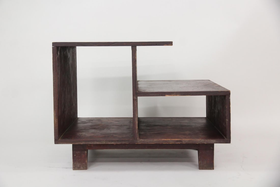 Asymmetric Modernist Plywood Shelf Side Table: Mid Century Modern Asymmetric Modernist Plywood Shelf, Side Table. This side table features asymmetric cubby storage spaces split across two tiers. Made of dark plywood with a distinctive grain. Dimen