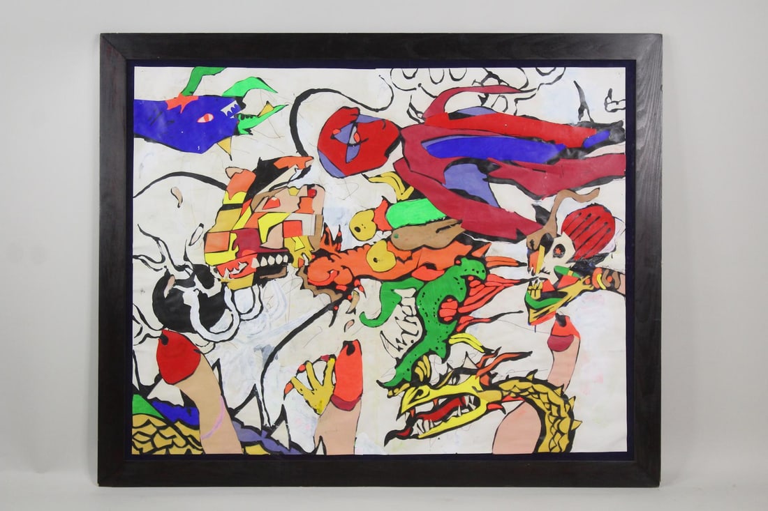 Framed Jacob Williams Abstract Collage Painting, Dragons (1 of 9)