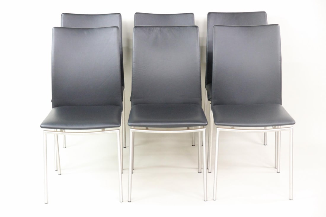 Set of 6 Skovby SM58 Black Leather Steel Dining Chairs: Set of 6 Danish Skovby SM58 Black Leather & Steel Dining Chairs. Matching set of Skovby SM58 dining chairs in black leather and brushed steel, manufactured in Denmark and designed by Per Haansbæk
