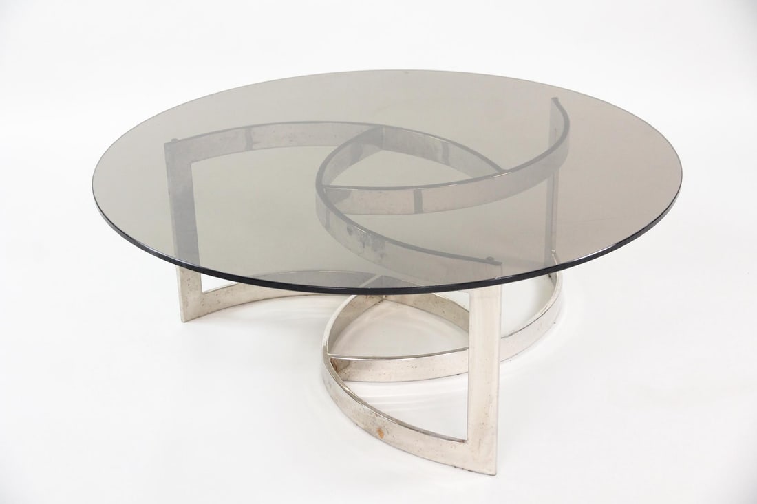 Sculptural Chrome Base Coffee Table with Smoked Glass Top (1 of 7)