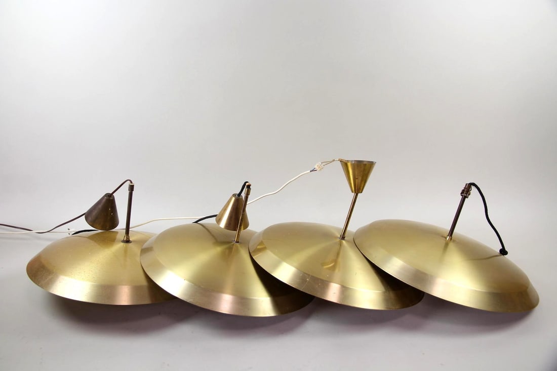 Set of 4 Carl Fagerlund for Lyfa Pendant Lamps, Brass Fixtures missing Glass: Set of 4 Mid-century Modern "Stella" by Carl Fagerlund for Lyfa Pendant Lamps, Brass & Glass. Set of four saucer-shaped pendant lights made of brass. Labeled Lyfa to shades. These have no shades. Dime