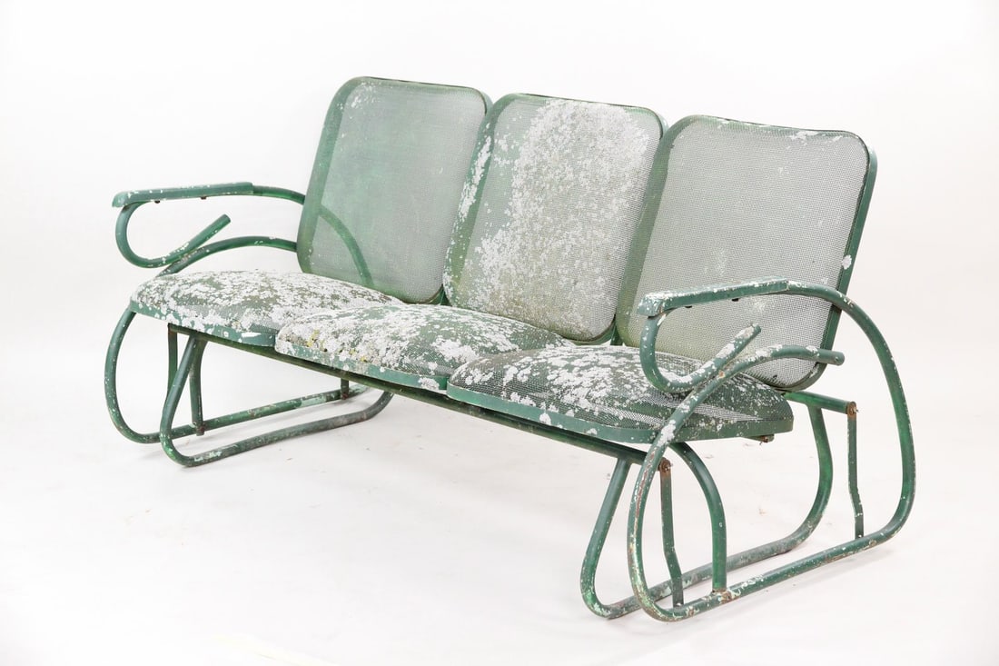 Mid Century Modern "Textell" Porch Glider Sofa, Lichen Covered: Mid Century Modern Textell, Lichen Covered. the maker is Textell, the mesh "cushions" are nice and springy. The glider rocks nicely. The lichen is stabilized and add such great character to the green 