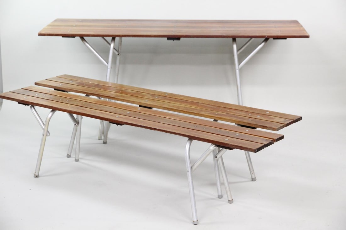 Aluminum & Teak Outdoor Table and Bench Set (1 of 14)