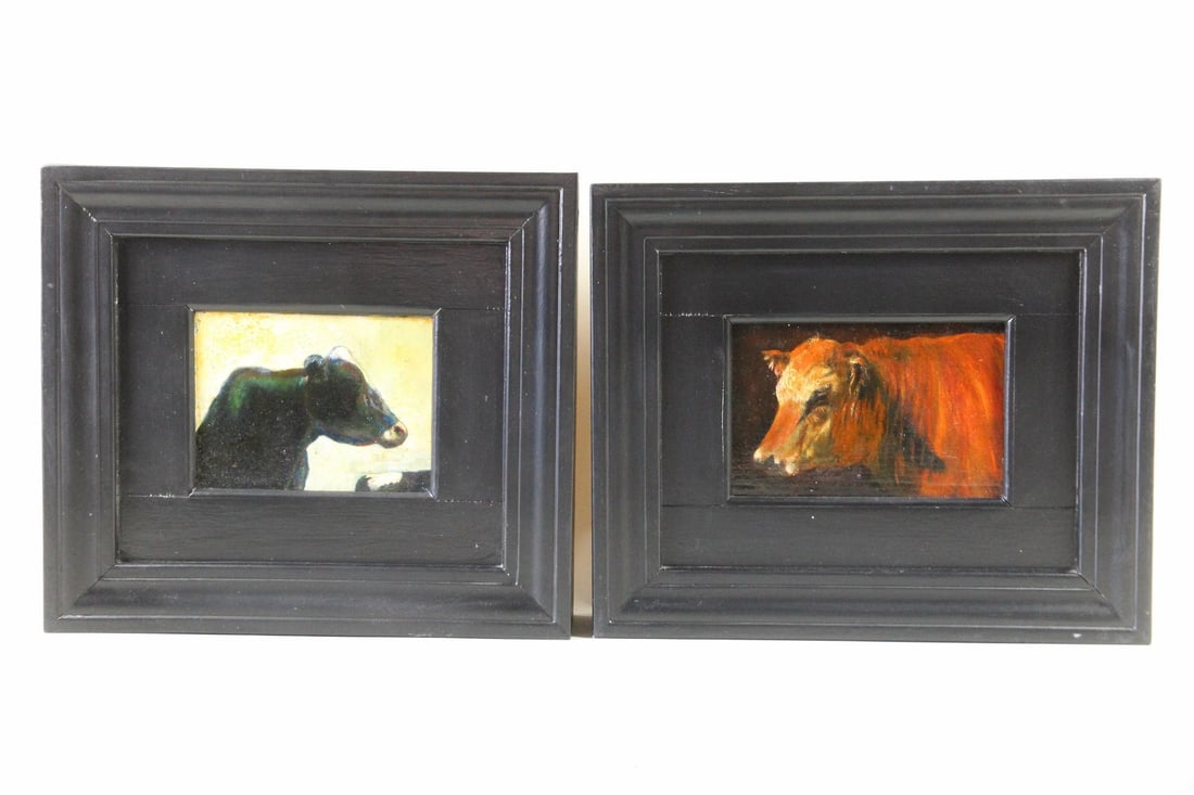 Pair of Framed Paintings of Cows "Two Cows" Artistic Study, Mark Jones 2003-04: Pair of Framed Paintings of Cows "Two Cows" "Golden Calf" Artistic Studies, Mark Jones 2003/2004. Featuring bold colors and expressive brush strokes, this pair of cow paintings by artist Mark Jones