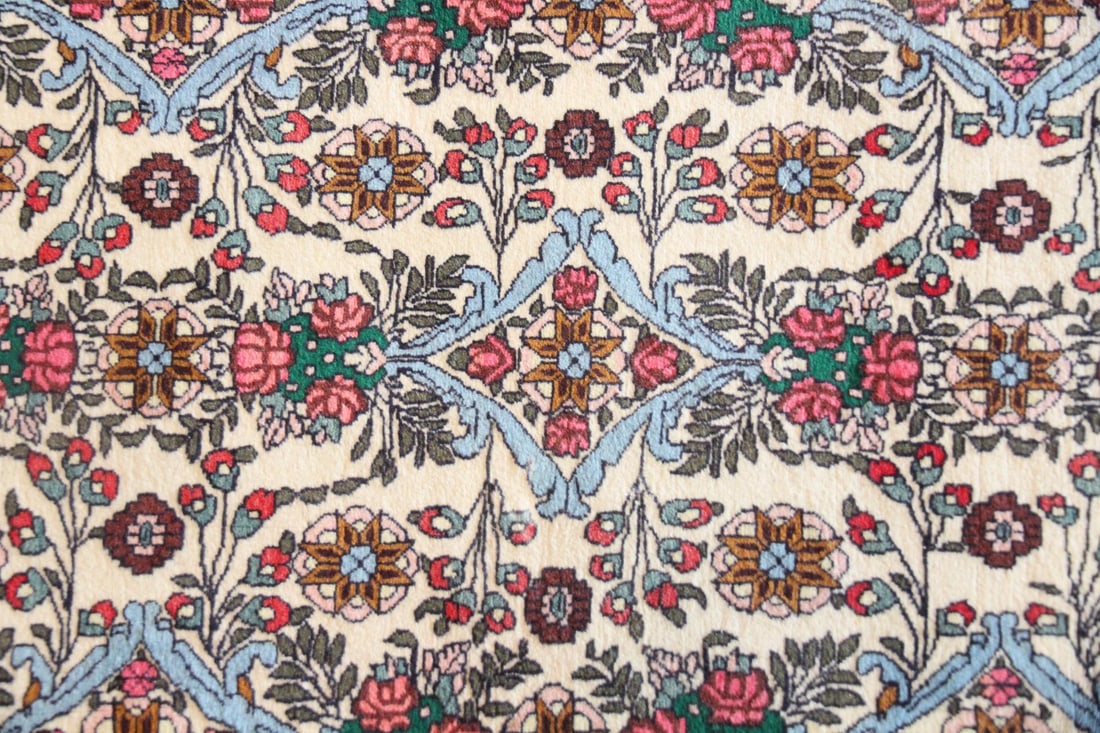 Persian Wool Runner Rug, Pink Floral, 12.5 Ft: Persian Wool Runner Rug, Pink Floral, 12 Ft. A wool & cotton runner featuring intricate sky blue, green, & red all-over patterning on an ivory field with a pink floral border. Densely woven, sturdy. D