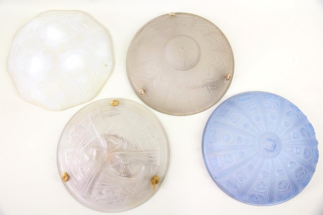 Lot of 4 Art Deco Pressed Glass Hanging Light Shades, Degue & Roba Paris: Lot of 4 Art Deco Pressed Glass Hanging Light, Pendant Chandelier Shades, Degue & Roba Paris. Four shades in opalescent and frosted pressed glass. Includes one is blue glass with a rose motif, marked 