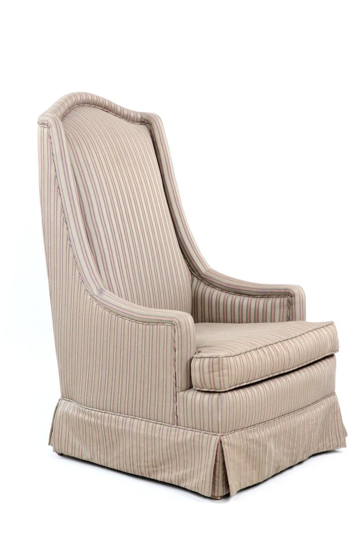 High Back Lounge Chair, Striped Upholstery: High Back Lounge Chair, Striped Upholstery. A traditional wingback-style armchair featuring a high back andand gently sloping arms. Upholstered in a striped, muted green fabric with skirt covering the