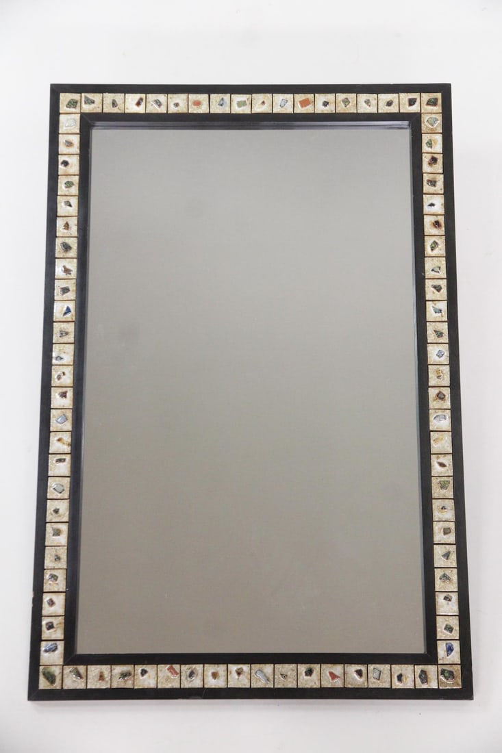 Large Centrum Mobler Ceramic Mosaic Mirror: Centrum Mobler Danish Modern Ceramic Tile Mirror, Poul Norreklit. A large mirror with a modern, artisan-made aesthetic, featuring a striking black frame with inset ceramic tiles. Labeled Centrum