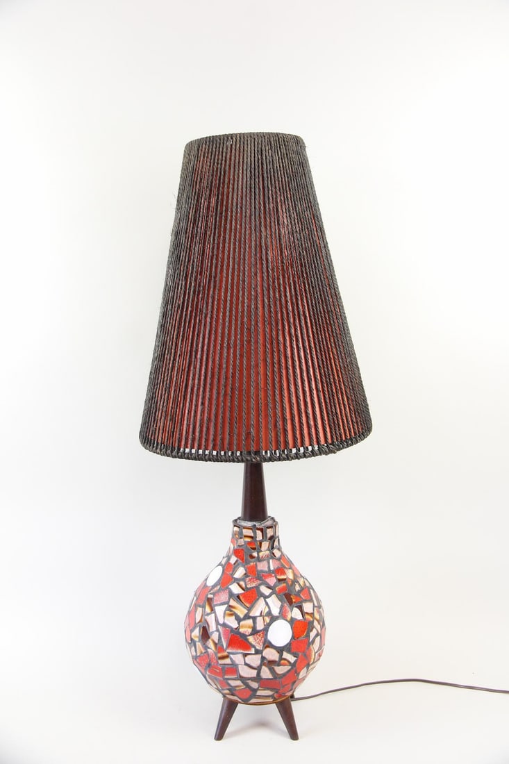 Maurice Chalvignac Red Mosaic Lamp: Maurice Chalvignac Mid-Century Modern Red Mosaic Lamp. Large lamp with a ceramic tile mosaic body and a red shade with black rope detail. Dimensions of the lamp are 32 in h x 9.5 in w x 9.5 in d. The 