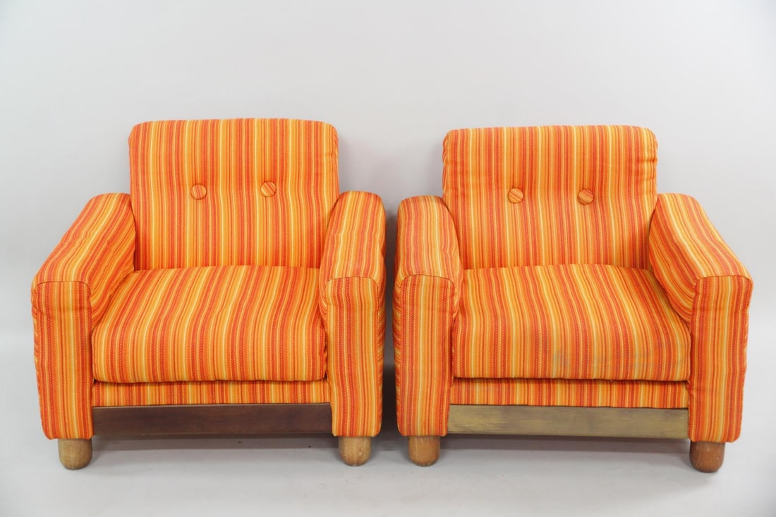 Pair of Chunky Club Chairs, Orange Striped: Pair of Mid-century Modern Chunky Club Chairs, Orange Striped. A fun pair of lounge chairs upholstered in bright orange & yellow striped fabric with molded wood sides and chunky wooden feet. Dimension