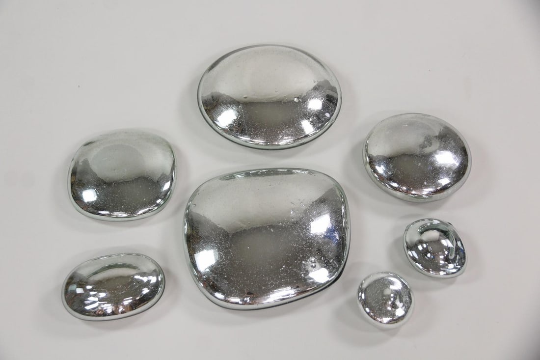 Set of 7 Biomorphic Mercury Glass Mirror Blobs Hanging Wall Sculptures: Set of 7 Abstract Mercury Glass Mirror Blobs Drops Hanging Wall Sculptures. These abstract 3D shapes, reminiscent of balloons, have rounded edges and holes in back for mounting to a wall. One screw