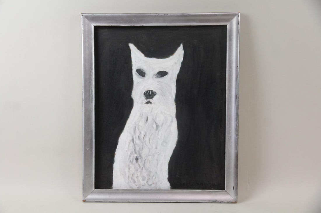 Earl Swanigan Outsider Art Painting, White Terrier: Earl Swanigan Outsider Art Painting, Westie Terrier Dog. Created by Earl Swanigan (1964-2019), Hudson NY's famous outsider artist. A painting on found board depicting a West Highland White Terrier on