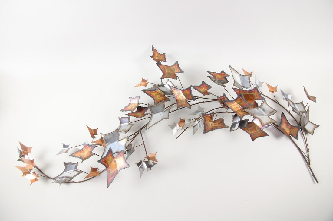 Large Curtis Jere Autumn Leaves Metal Wall Sculpture, 1981: Mid-century Modern Large Curtis Jere Artisan House Autumn Leaves Metal Wall Sculpture, 1981. A beautiful, hand-wrought metal wall sculpture featuring a sweeping arrangement of angular leaf forms.