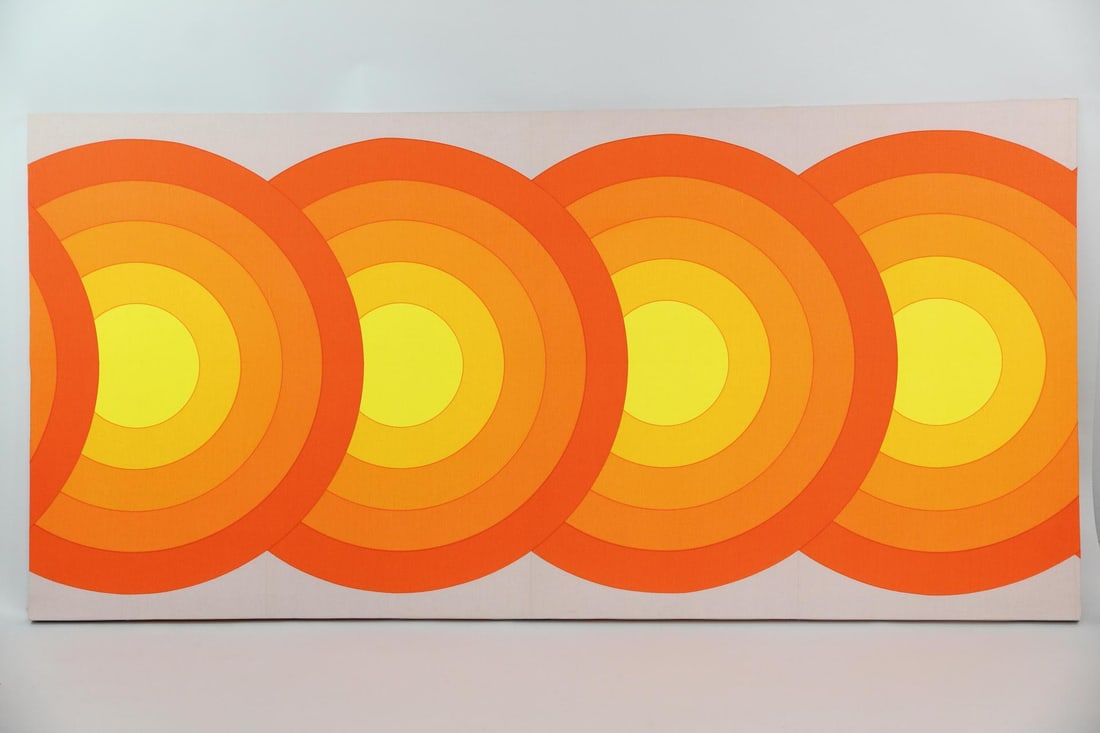Huge 8 Ft Verner Panton Textile Wall Hanging: Large Mid-Century Modern Verner Panton Wall Hanging Textile Op Art. Very large textile wall art panel with vibrant red, yellow and orange concentric circles. This is unmarked but we believe to be
