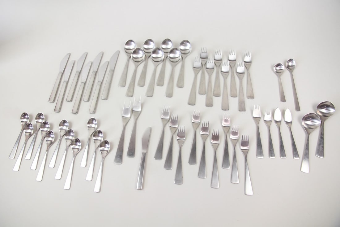 53 Pieces Tias Eckoff for Norstaal Maya Flatware: 53 Pieces Scandinavian Modern Tias Eckoff for Norstaal Maya Stainless Steel Flatware. Beautiful service for 7+ includes 7 knives, 7 tablespoons, 8 forks, 11 small spoons, 10 small forks and 10 other