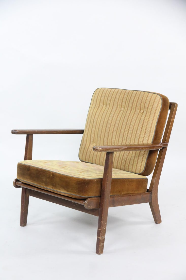 Danish Modern Lounge Chair, Aage Pedersen: Danish Modern Wooden Lounge Chair, Aage Pedersen. An armchair with great mid-century lines, featuring exposed back slats and velvet sided cushions. Unmarked. Dimensions are 29 in h x 27.5 in w x 27 in