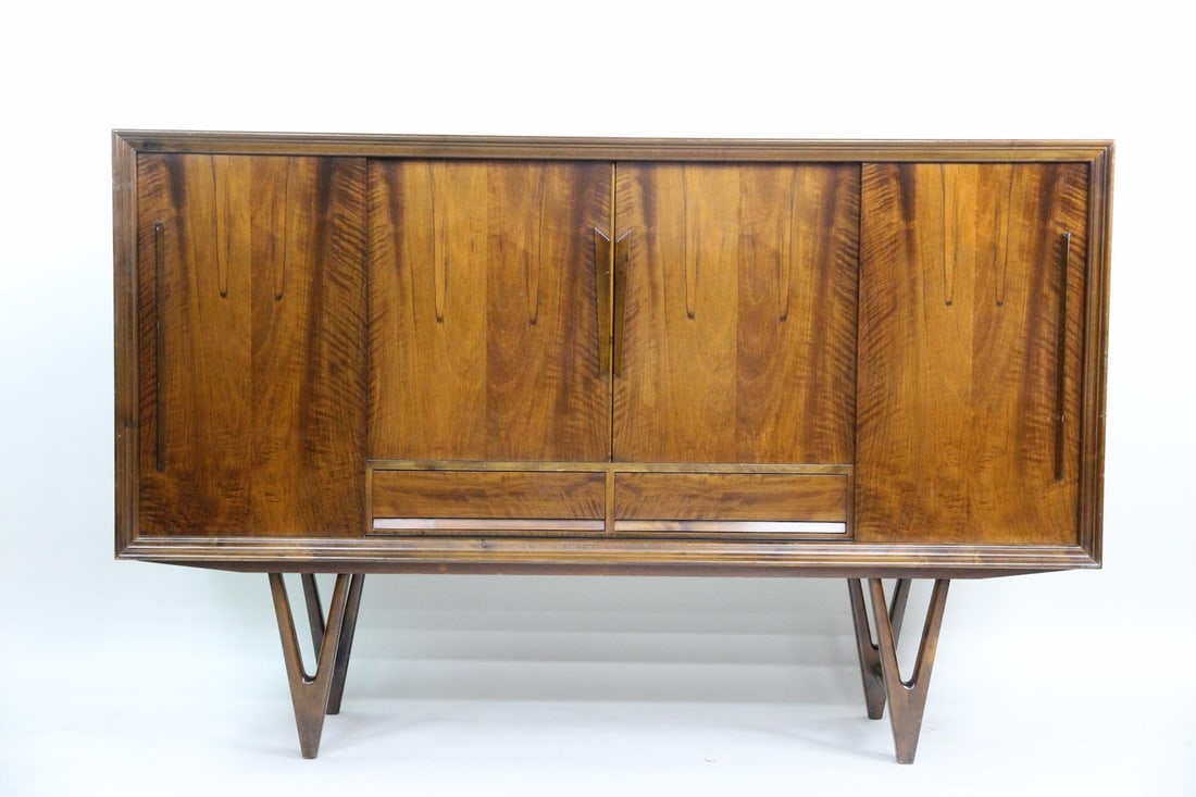 Highboy Sideboard Cabinet, Kurt Ostervig: Danish Highboy Sideboard Credenza Cabinet, Kurt Ostervig. Highboy cabinet in dark finished wood with sculptural legs and pulls, 4 sliding doors and 4 green felt lined drawers for flatware. Design attr