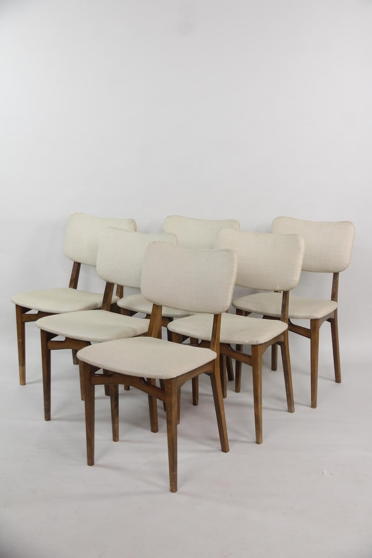 Set of 6 Walnut Danish Modern Dining Chairs: Set of 6 Danish Modern Dining Chairs. Matching chairs with walnut frames and tan seats. Dimensions are 33 in h x 18.5 in w x 20 in d. Seat height is 18 in h. Condition is good with minor stains to
