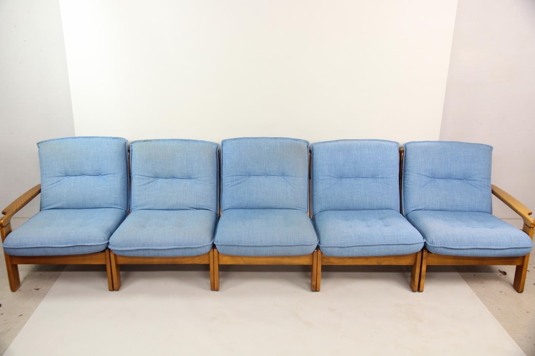 Danish Modern Pine Modular Sofa, 5-Piece: Danish Modern Pine Modular Sofa, 5-Piece. A sofa consisting of five individual seating sections with light blue tufted fabric cushions. They have a pine frame with great sculptural arms. Dimensions