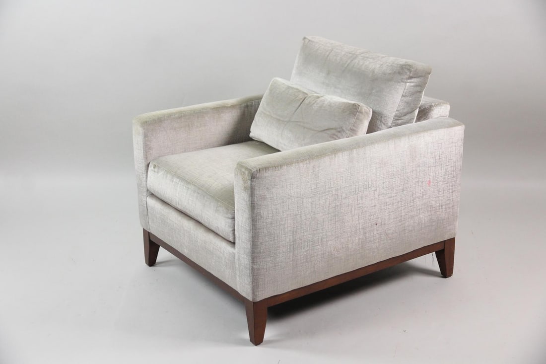 Kravet Design Gray Velvet Lorane Lounge Chair: Kravet Design Gray Velvet Lorane Lounge Chair. Sophisticated Lorane armchair by Kravet Design, upholstered in luxurious gray velvet. Dimensions are 32 in h x 31 in w x 34.5 in d. Seat height is 19 in.