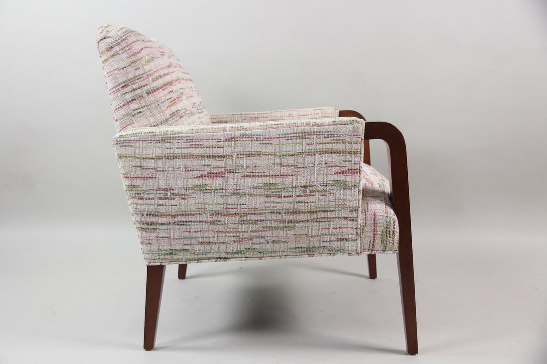 Kravet Design Custom Vitra Armchair: Kravet Design Custom Vitra Armchair. Sophisticated Vitra armchair by Kravet Design, custom upholstered in textured red, green and white upholstery and with a dark wood frame. Dimensions are 33 in h x 