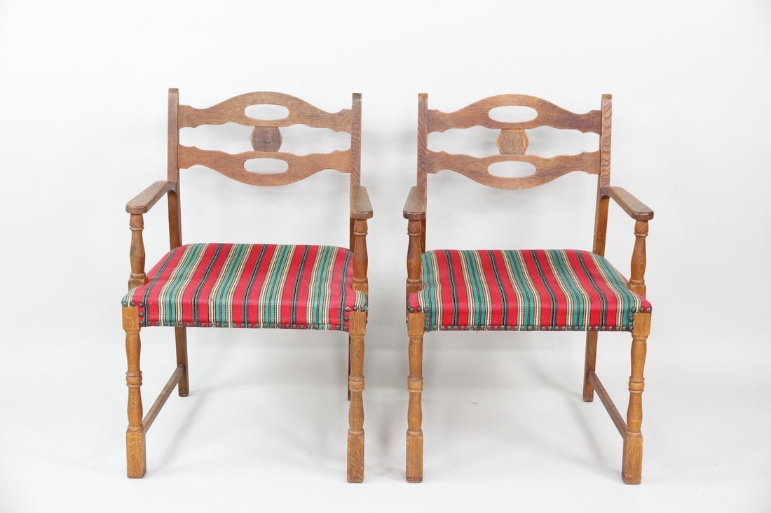 Pair of "Razor" Back Armchairs, Henning Kjaernulf: Pair of Danish Mid-Century Modern "Razorblade" Dining Armchairs, Henning Kjærnulf. A great pair of chairs with carved oak frames and green and red striped upholstery. Unmarked, these chairs are