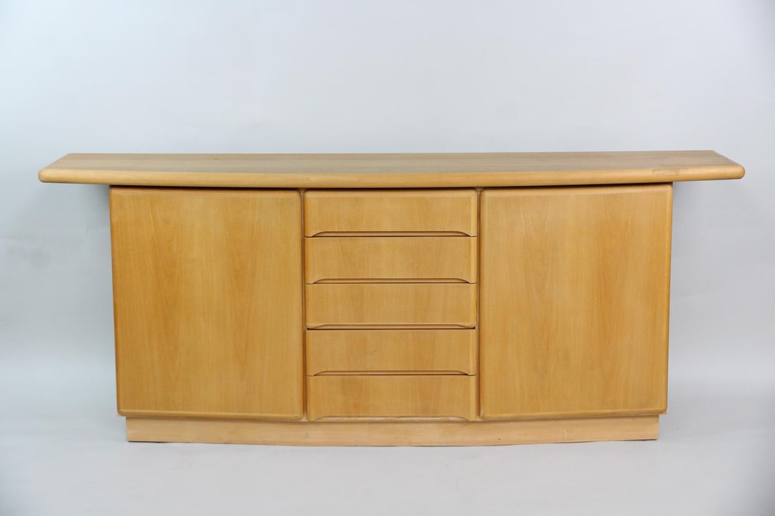 Skovby Curved Front Blonde Credenza: Skovby Danish Modern Curved Front Blonde Credenza Sideboard. Large credenza with curved front, 2 cabinets and 5 drawers. Skoby Denmark label attached. Dimensions are 32 in h x 79 in w x 19.5 in d.