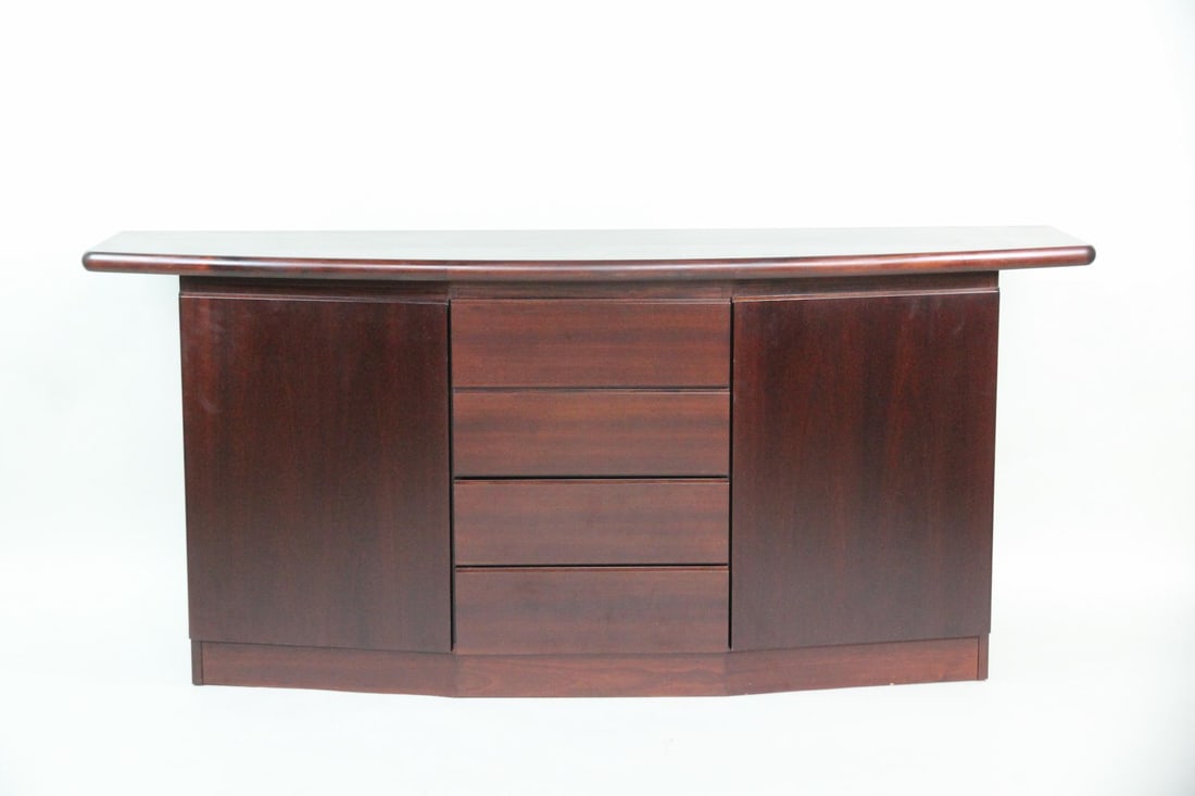 Skovby Curved Front Rosewood Credenza: Skovby Danish Modern Curved Front Blonde Credenza Sideboard. Large credenza with curved front, 2 cabinets and 4 drawers. Dimensions are 33 in h x 72.5 in w x 20.5 in d. Condition is good with some