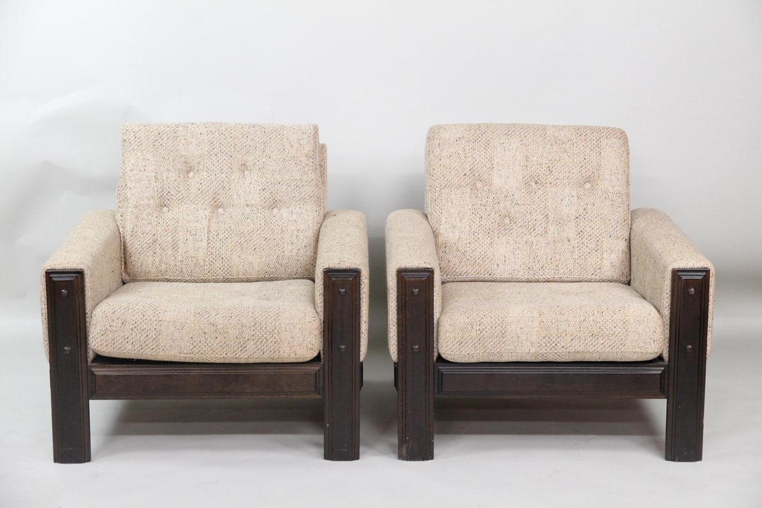 Pair of Cubist Tweed & Dark Wood Lounge Chairs: Scandinavian Modern Pair of Cubist Tweed & Dark Wood Lounge Chairs. A great pair of blocky chairs in oatmeal tweed fabric with dark wood frames. Dimensions are 28.5 in h x 33 in w x 32 in d.