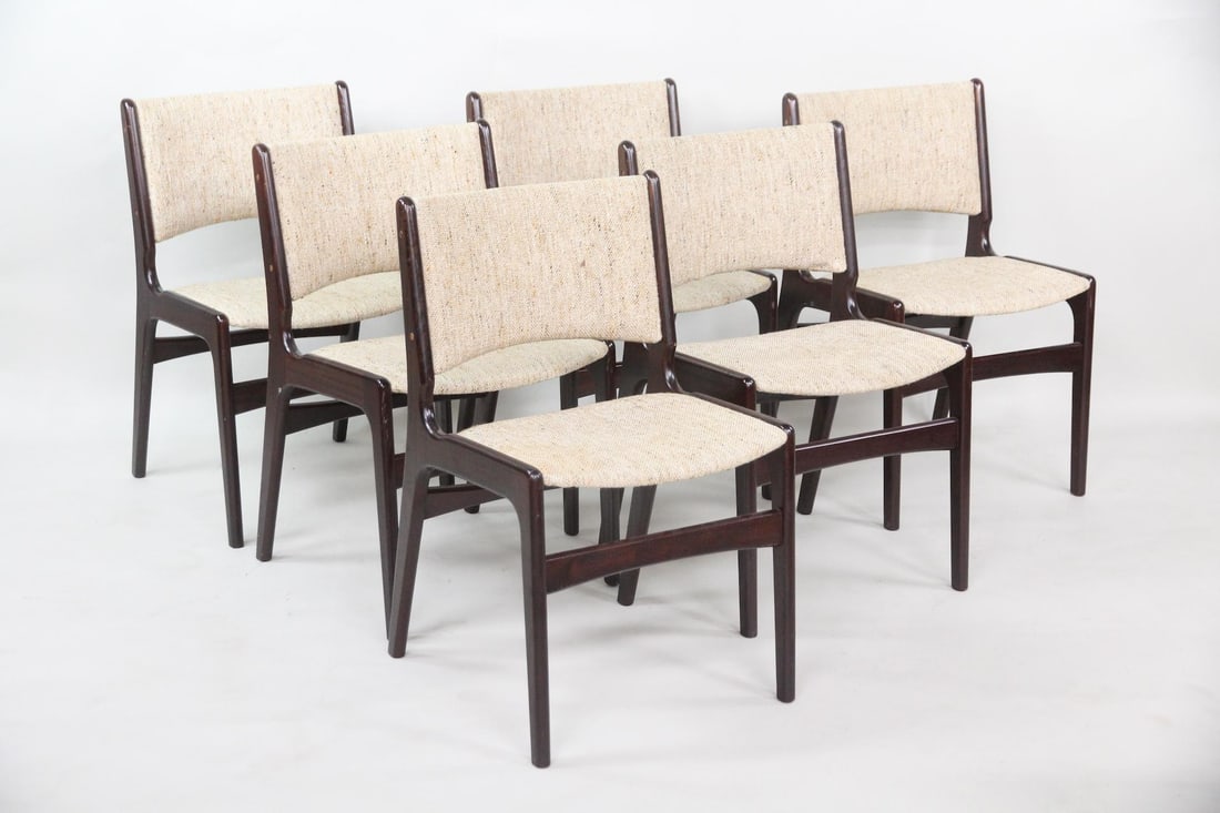 Set of 6 Rosewood Dining Chairs, Erik Buch: Set of 6 Rosewood Dining Chairs, Erik Buch. Chairs with deep rosewood frames and beige fabric upholstery. Style of Erik Buch. Dimensions are 31.25 in h x 19 in w x 20.5 in d. Seat height is 17.5 in. C