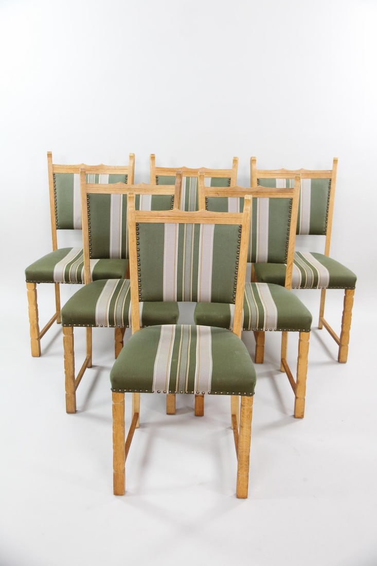 Set of 10 Danish Oak Dining Chairs, Sage Green, Henning Kjaernulf: Set of 10 Danish Oak Dining Chairs, Sage Green, Henning Kjærnulf. Matching chairs with light oak frames and carved legs. This set has sage green & pale gray striped upholstery. Unmarked, we believe t