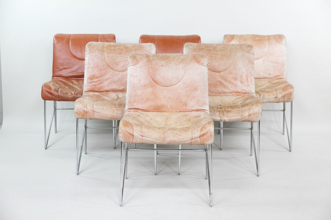 Set of 6 Guido Faleschini for i4 Mariani Leather Dining Chairs: Set of 6 Mid-Century Modern Guido Faleschini for i4 Mariani Leather Dining Chairs. Matching set of 6 chairs in cognac brown leather with chrome tubular frames, marked i4 Mariani on undersides. Dimensi