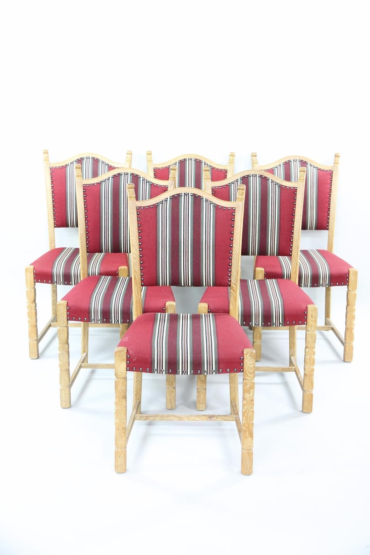 Set of 6 Danish Oak Dining Chairs, Deep Red, Henning Kjaernulf (1 of 13)