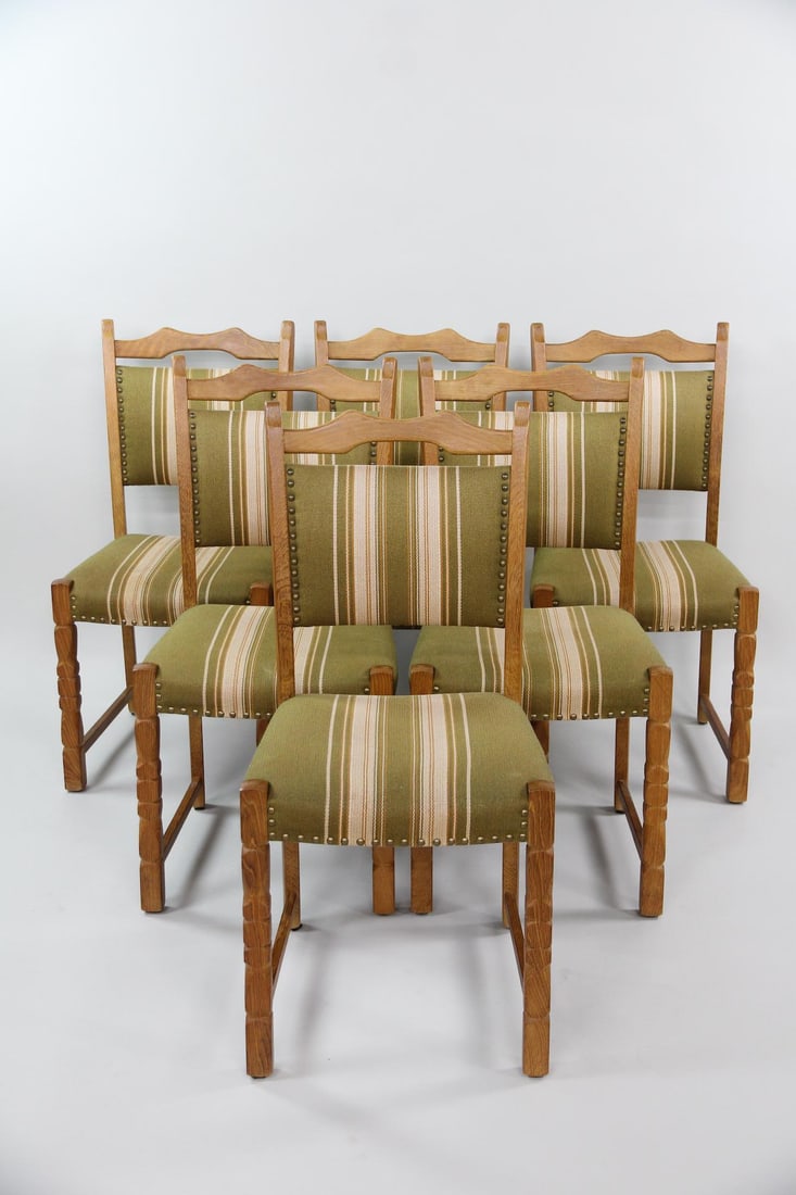 Set of 6 Danish Oak Dining Chairs, Ochre, Henning Kjaernulf: Set of 6 Danish Oak Dining Chairs, Ochre, Henning Kjærnulf. Matching chairs with oak frames and carved legs. This set has light green, ochre, & white striped upholstery. Unmarked, we believe these ar