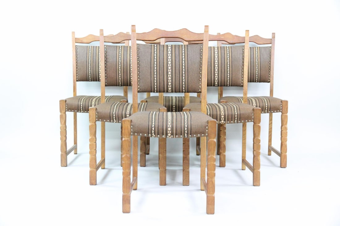 Set of 6 Danish Oak Chairs, Brown Geometric Fabric, Henning Kjaernulf: Set of 6 Danish Modern Oak Chairs, Henning Kjærnulf. Matching chairs with carved, light oak frames and light brown & cream geometric striped upholstery. Unmarked, we believe these are by Henning