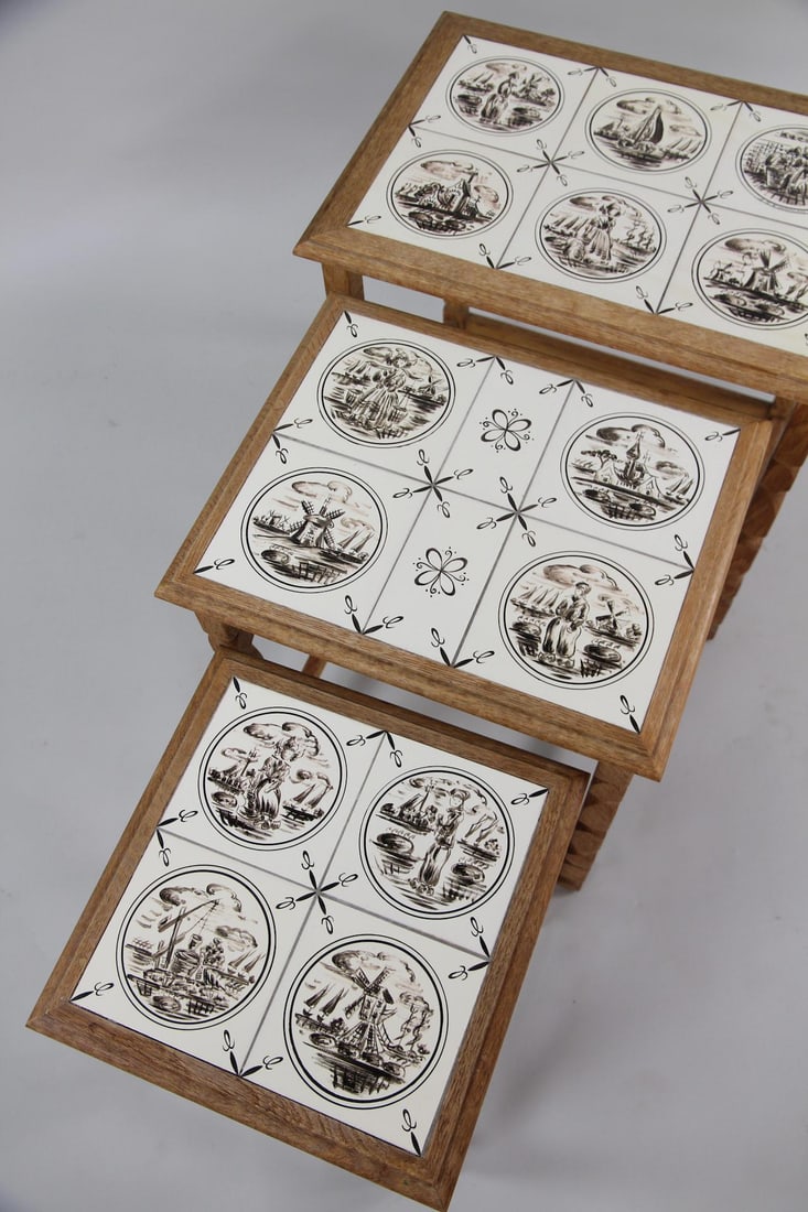Set of 3 Nesting Tables with Dutch Tile Tops, Henning Kjaernulf (1 of 9)