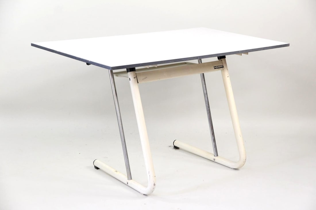 Neolt Italy "Nanny" Tubular Metal Desk, Drafting Table: Mid-century Modern Neolt Italy Tubular Metal Desk, Work Table. A "Nanny" model drafting table by Neolt Italy, featuring a white rectangular top supported by an off-white bent tubular metal frame. Its