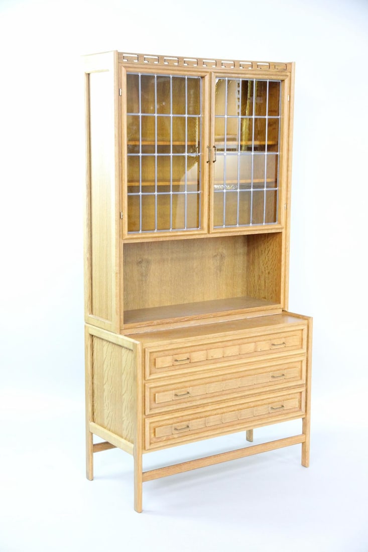 Oak Step-back Cabinet, Yellow Glass Doors, Henning Kjaernulf: Danish Oak Step-back Cabinet, Yellow Glass Doors, Henning Kjærnulf. A two-piece cabinet in light oak with lower drawers and upper shelving with golden paned glass doors. Unmarked, we believe this is
