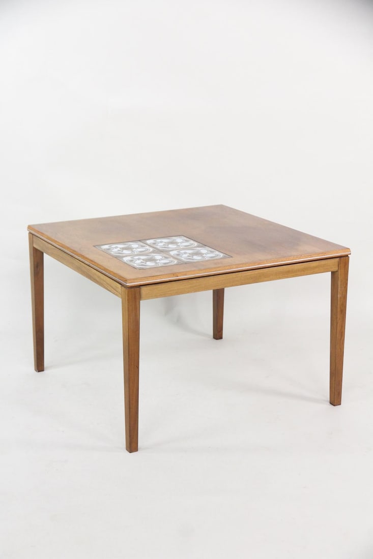Danish Modern Tile Top Side Table: Danish Modern Wooden Tile Top End or Coffee Table. A side table made of wood with a grouping of abstract brown & white tiles in one corner. Dimensions are 20.25 in h x 29.5 in w x 29.5 in d.